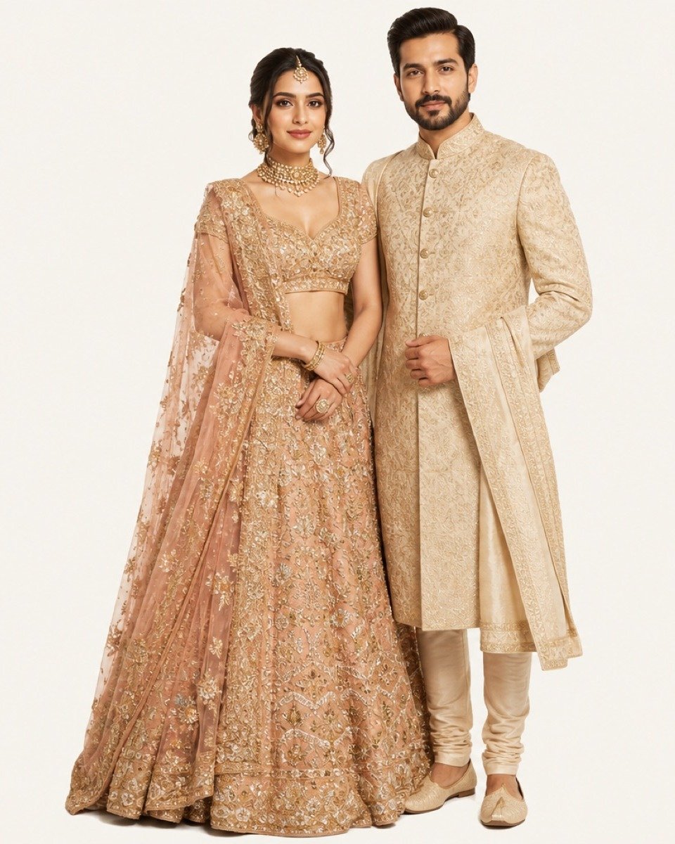 Couple in House of Vastra wedding ensembles