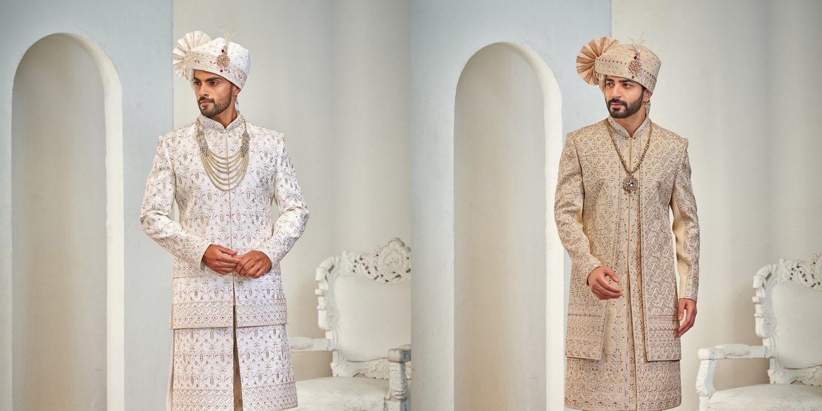 Grooms in House of Vastra embroidered sherwanis